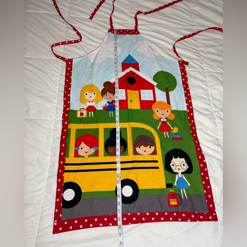 Colorful School House and School Bus Themed Apron with Polka Dot Background - Picture 4 of 10